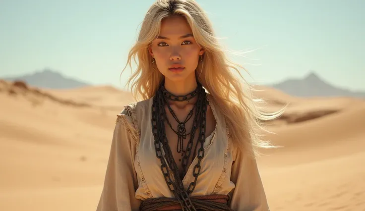 beautiful woman, in the desert, clothes are ragged and tattered, desert clothes torn up, asian woman, blonde hair, iron chains holding clothes together, black iron rings