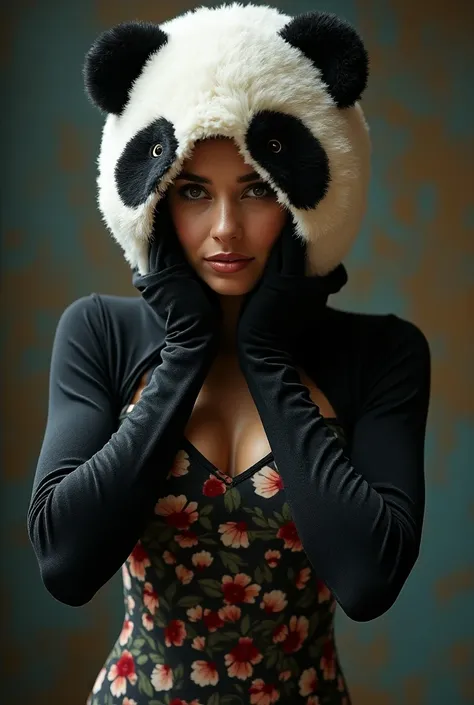 A beautiful woman is wearing a panda velvelt skin tight full bodysuit, she is wearing a gigantic panda mascothead covering her entire head. Her body suit is velvetly and vibrant. The helmet covers her head entirely as she struggles to remove it. Meanwhile ...