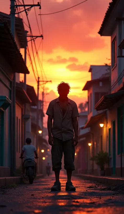  Pixar-style realistic image 
Sunset ,  already nightfall favela do Brasil ,   man arriving from work ,  I look tired ,   simple clothes 40th hand at waist head down looking at the floor.  