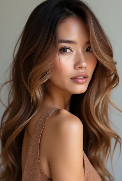 Give me this hair color
Rich chocolate brown (slightly reddish) brunette with blonde highlights in balayage form