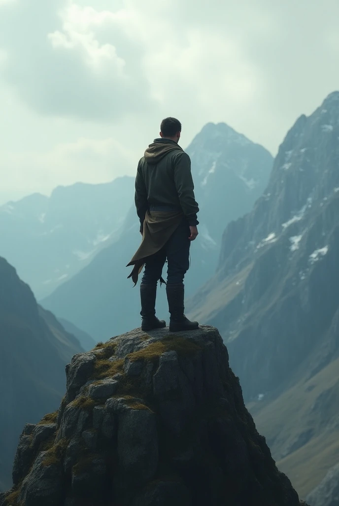 A guy on a mountain looking down sad