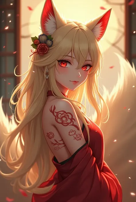 anime female kitsune with blonde hair and red tattoos