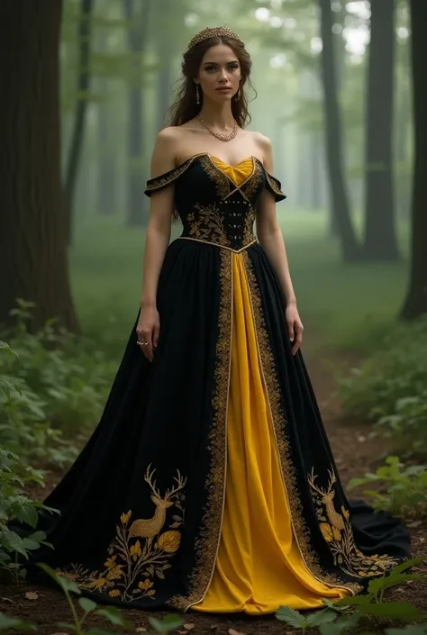 A black and yellow dress with deer details in medieval style 
