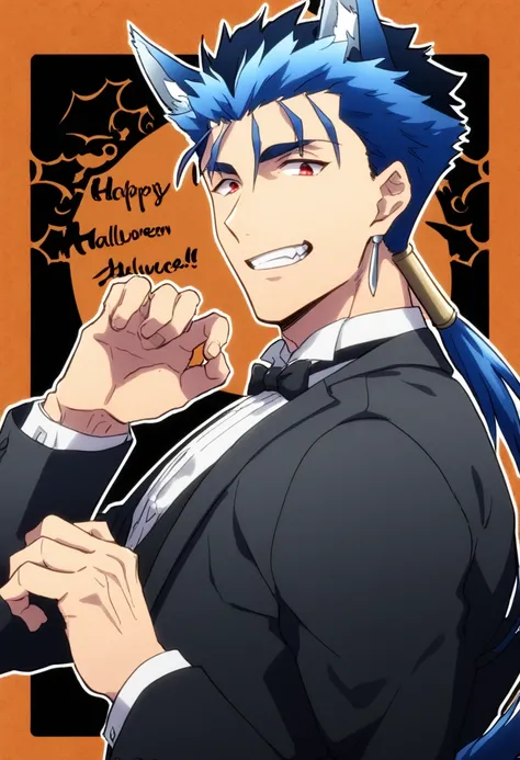 Cu Chulainn Blue Lancer a man dressed as a butler with blue wolf ears and tail with a good face, red eyes, a good body with little musculature and long blue hair with a ponytail at the nape of his neck and anime earrings with an orgasmic smile doing a wolf...