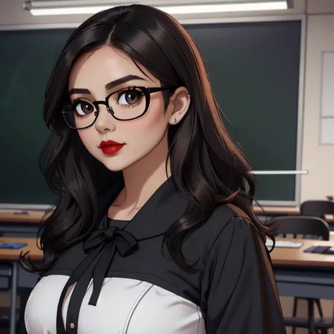 A cute petite short skinny slightly chubby tan skin goth teacher, medium wavy volumetric elegantly styled beautiful brown hair, beautiful detailed cute honey brown eyes, wearing glasses, cutely detailed lips, extremely cute detailed face, busty, voluptuous...