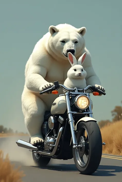 A perfect male white bear with a perfect large white female rabbit riding a motorbike without errors