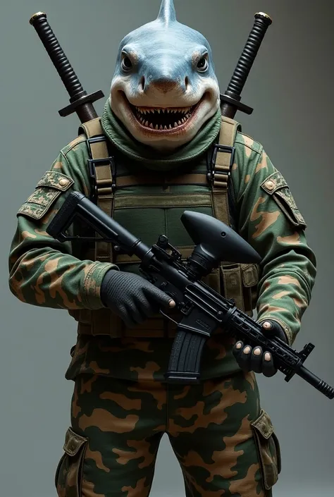 Shark dressed in military uniform Multicam ,  In one hand he has a Tippmann TMC marker and two katanas crossed on his back
