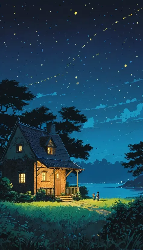 (Minimalism:1.4), Draw a simple Tintin style art, an old little brick hut    !!!,,  view from afar countryside night serene fireflies lighting dream studio Ghibli, miyazaki,  , Makoto Shinkai!!, anime movie background best quality best of SeaArt HD
