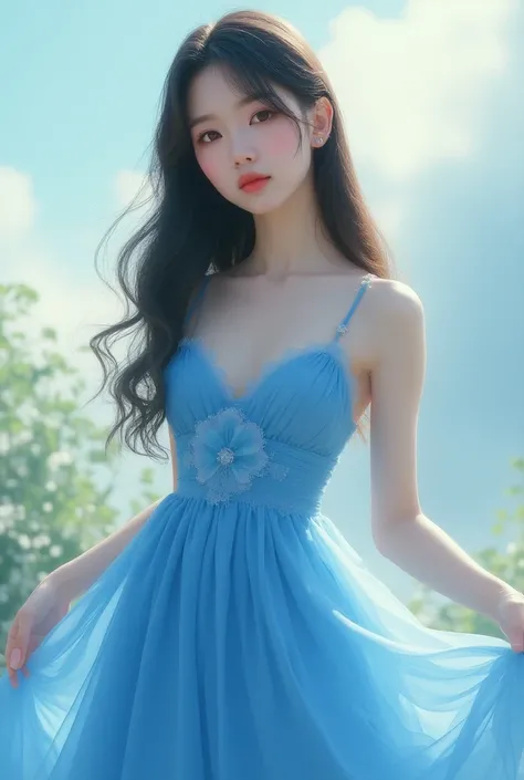 Create an image of Yoongi from BTS as it would be if she were a girl in a blue dress 