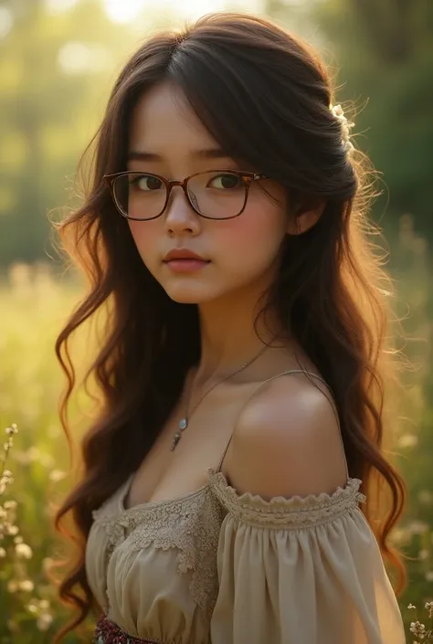  Beautiful girl with wavy long hair in a bohemian dress,  small , with glasses, Kazakh appearance