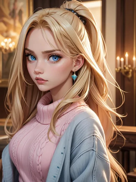 The camera captures a fair-skinned young woman, long golden blonde hair and piercing blue eyes, her upturned nose gives her a unique and attractive appearance. Her full lips are adorned with a touch of lipstick, Shes wearing a light pink sweater, she is an...