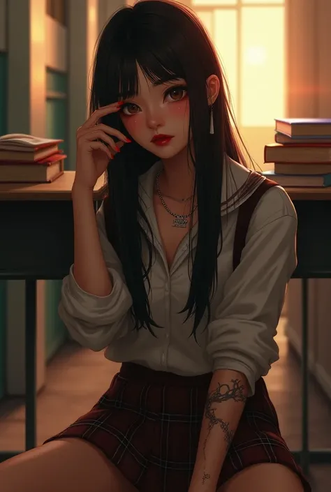  real photo a woman with books in her hand wears a school uniform with a plaid skirt sitting on the floor a desk  .The womans face has intense features look at her hair is black long straight, red lips with gloss , light brown eyes  ,  glitters on her skin...