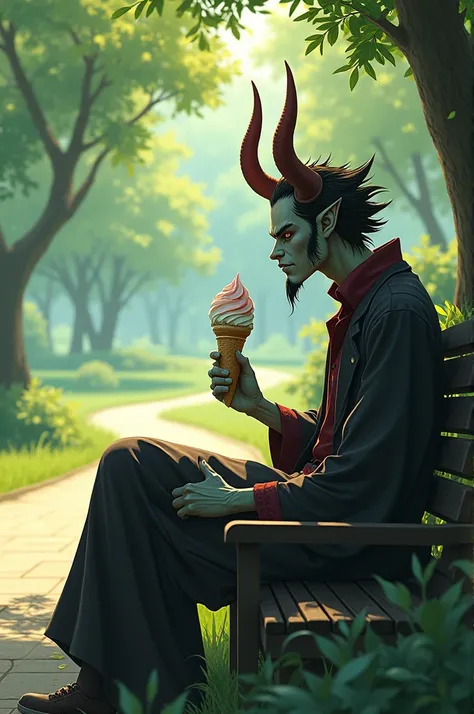 Create an image of Sukuna sitting in the Park holding an ice cream in his hand