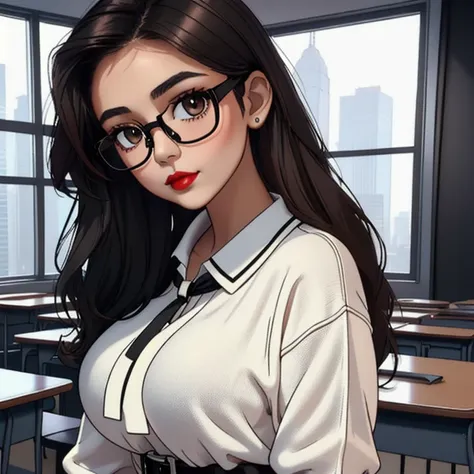 a cute petite short skinny slightly chubby tan skin goth teacher, medium wavy volumetric elegantly styled beautiful brown hair, ...