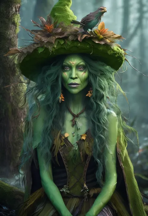  Swamp Witch. Green Skin.  Fantasy Winter Branch Creatures in the Woods,  Character Portraits,  Forest Backgrounds by Wendy Froud ,  in Donata Giancarlos style 、Published on ZBrush Central ,  fantasy art , Wild rave outfits, Personified, Psyche Trance, flo...