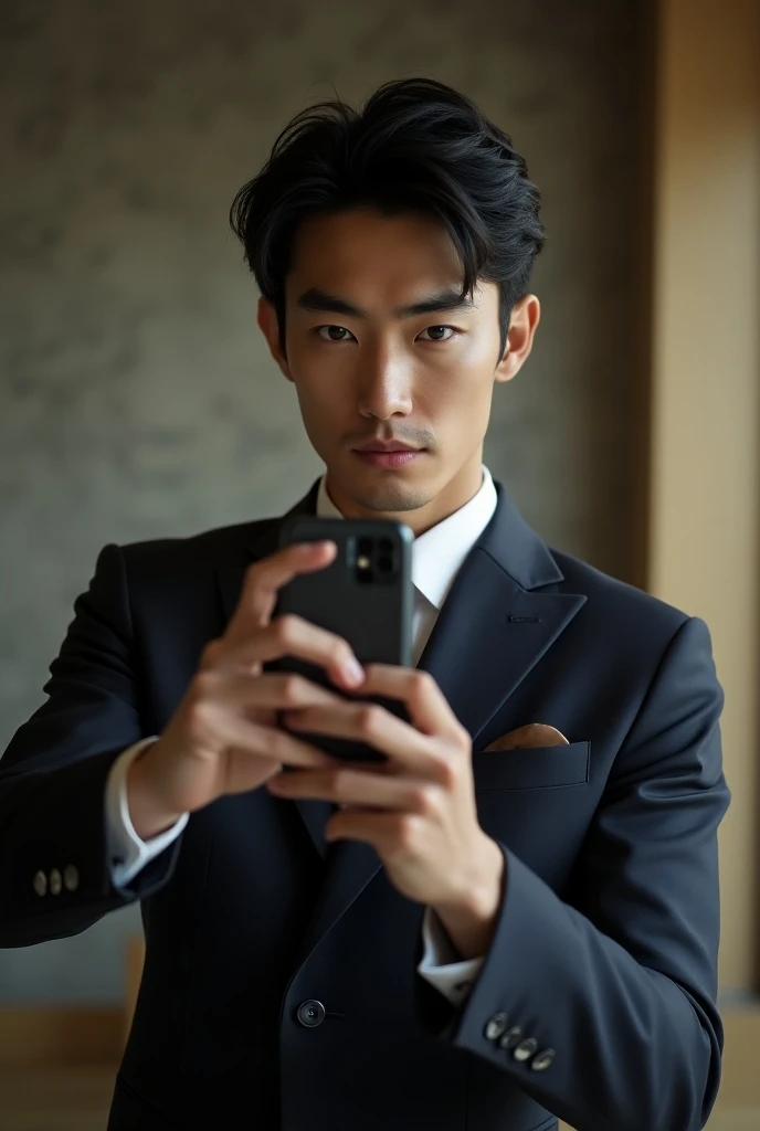 和風suitを着た美しい男性、Thick and dark eyebrows、Shooting with a smartphone, Selfie, Best Quality, 1 beautiful man ,  perfect face,   made like a Japanese man, , suit, short hair,  Black Hair ,  posing like a magazine cover ,