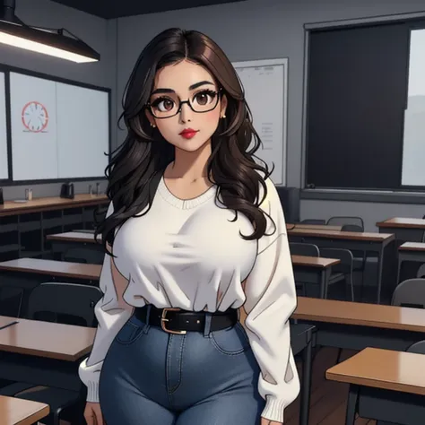 A cute petite short skinny slightly chubby tan skin goth teacher, medium wavy volumetric elegantly styled beautiful brown hair, beautiful detailed cute honey brown eyes, wearing glasses, cutely detailed lips, extremely cute detailed face, busty, super volu...