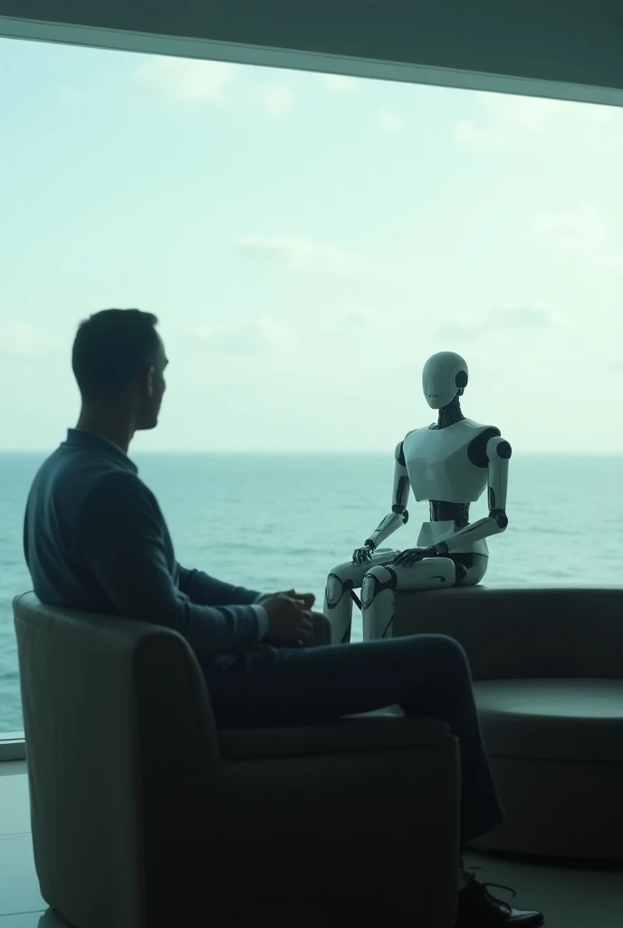 
there is a man sitting on a couch looking out at the ocean, and your robot employee
,still from the movie ex machina, 2 0 2 1 cinematic 4 k framegrab, 4 k movie still, 4k movie still, sci-fi cinematic movie still, humanoid robot from ex machina, from a 2 ...