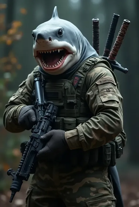 White shark dressed in Multicam military uniform,  In one hand he has a Tippmann TMC marker and two katanas crossed on his back
