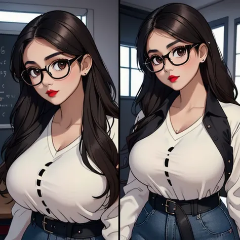 A cute petite short skinny slightly chubby tan skin goth teacher, medium wavy volumetric elegantly styled beautiful brown hair, beautiful detailed cute honey brown eyes, wearing glasses, cutely detailed lips, extremely cute detailed face, busty, huge volup...