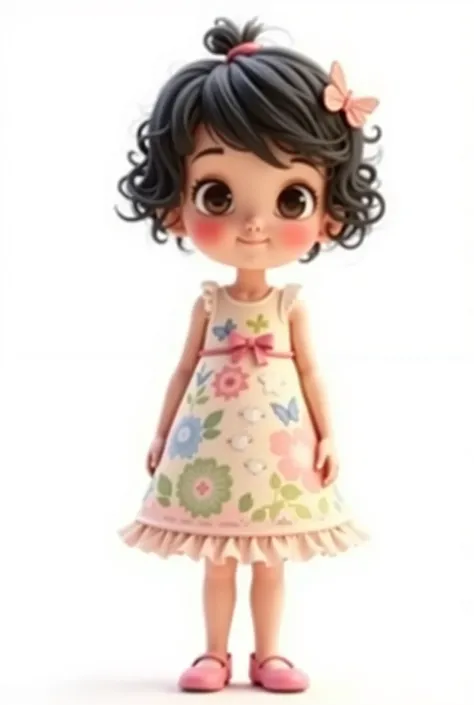 A charming 3D Pixar-style scene of a  girl standing in a floral dress decorated with butterflies, lace, and soft pink ribbons. The dress features pastel shades of pink, yellow, green, and lilac, with matching shoes. Her short, curly black hair is adorned w...