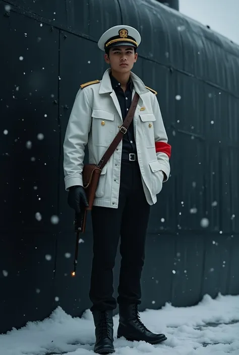 Stylish photography, the darkness of the night, snowfall, A handsome young Sundanese man , wears white navy nazi officer hat , wears black inner shirt ,white uniform officer , winter casual white high collar jacket , wears black pants black high boots , re...