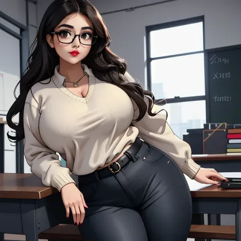 a cute petite short skinny slightly chubby tan skin goth teacher, medium wavy volumetric elegantly styled beautiful brown hair, ...