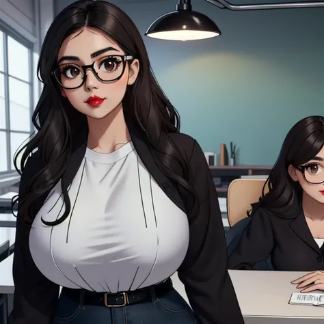 A cute petite short skinny slightly chubby tan skin goth teacher, medium wavy volumetric elegantly styled beautiful brown hair, beautiful detailed cute honey brown eyes, wearing glasses, cutely detailed lips, extremely cute detailed face, busty, huge volup...