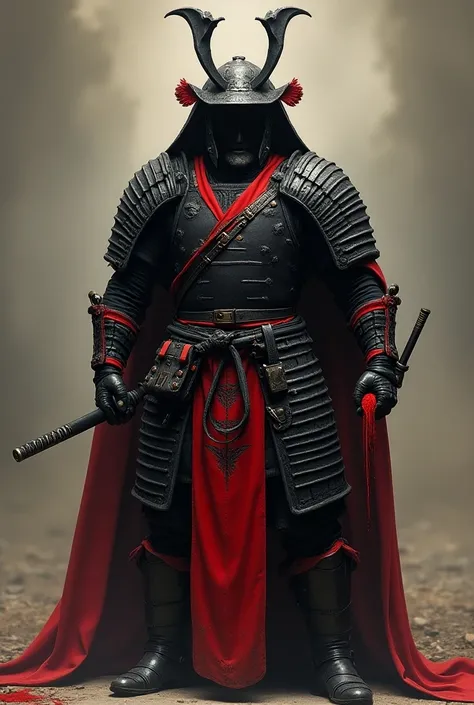 A man in European-style black armor with a red-colored half-coat from waist to shoe wearing a Japanese-style kabuto helmet with four dragon horns in front of red makeup in his hand holds a kilic sword on the left of his belt, a holster with a revolver 