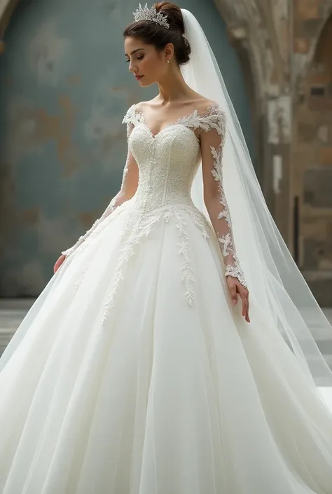 white wedding dress.  Close-fitting corset with fairy-inspired designs. princess cut, with large skirts .  Delicate veil with intricate designs . tiara.  Delicate and elegant sleeves . 