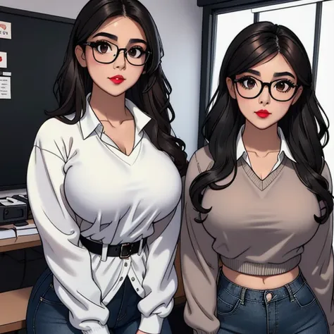 A cute petite short skinny slightly chubby tan skin goth teacher, medium wavy volumetric elegantly styled beautiful brown hair, beautiful detailed cute honey brown eyes, wearing glasses, cutely detailed lips, extremely cute detailed face, busty, huge volup...