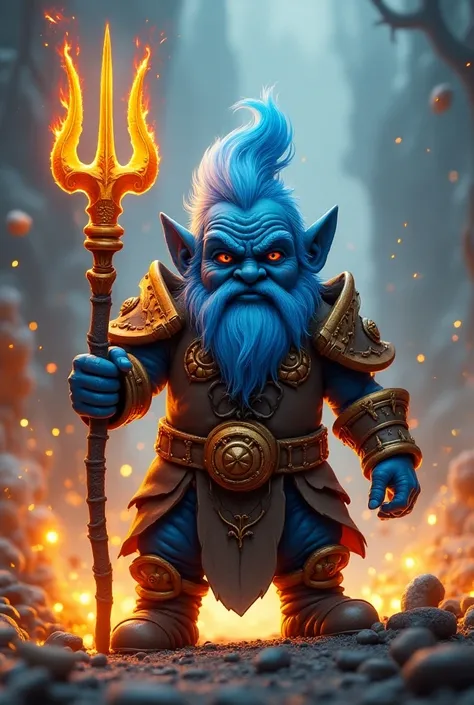 Blue gnome with fire armor wearing a trident