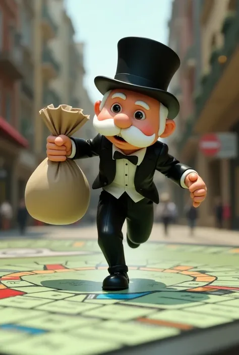 Monopoly guy running gameboard, segurando bag money