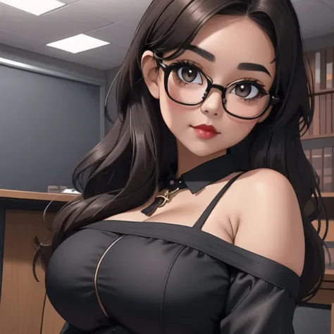 A cute petite short skinny slightly chubby tan skin goth teacher, medium wavy volumetric elegantly styled beautiful brown hair, beautiful detailed cute honey brown eyes, wearing glasses, cutely detailed lips, extremely cute detailed face, busty, huge volup...