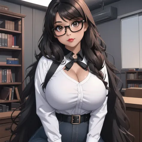 A cute petite short skinny slightly chubby tan skin goth teacher, medium wavy volumetric elegantly styled beautiful brown hair, beautiful detailed cute honey brown eyes, wearing glasses, cutely detailed lips, extremely cute detailed face, busty, huge volup...