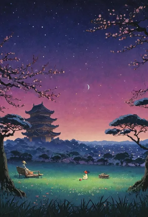 [Core Philosophy] A dreamlike image, energetic, meticulous illustrations, inspired by the style of Hayao Miyazaki, depicting a peaceful night scene. [Character description] In the foreground, a man leaning against a peach tree, His presence adds a sense of...