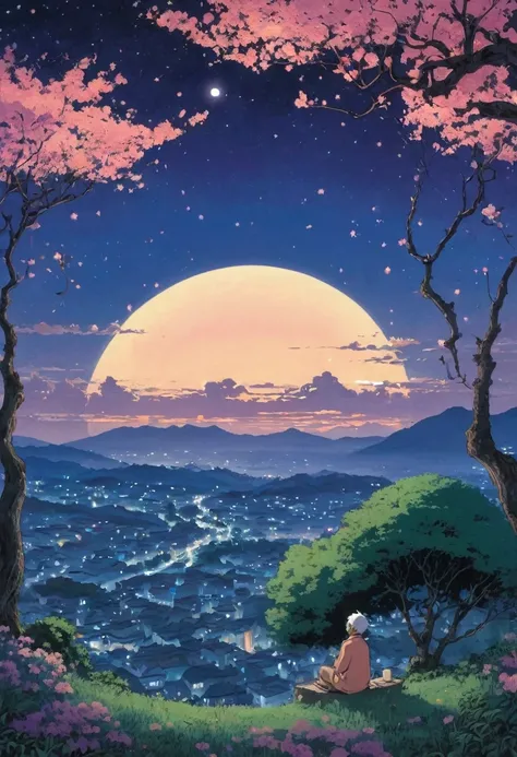 [Core Philosophy] A dreamlike image, energetic, meticulous illustrations, inspired by the style of Hayao Miyazaki, depicting a peaceful night scene. [Character description] In the foreground, a man leaning against a peach tree, His presence adds a sense of...