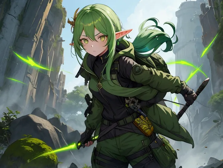 1girl, Elf Green Spring hair, short, mature, amber eyes, flying, techwear, paimon, genshin impact, baggy clothes, concept art, front view
