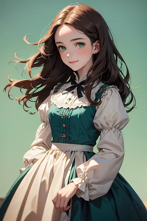 1700s sixteen-year-old female with pale skin and kind smile extremely beautiful face and long brown hair and green eyes and wearing a blue and white working class dress.