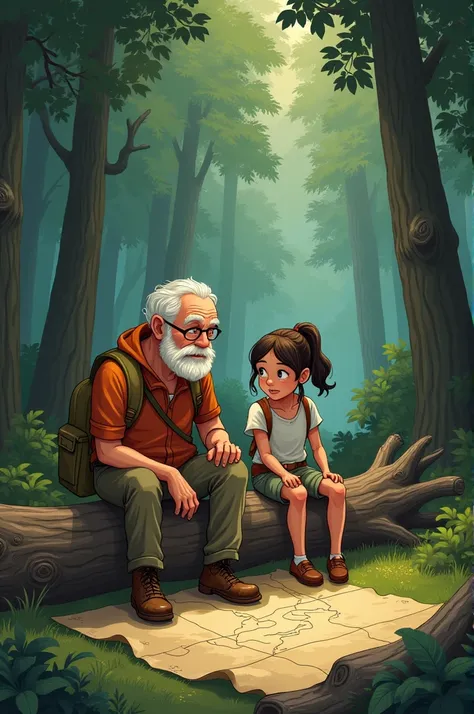 	5.	Solving Riddles:
“Illustrate a moment where the elderly man and his granddaughter are sitting on a fallen log in the forest, surrounded by nature. They are deep in thought, working together to solve a riddle written on the map. The scene should convey ...