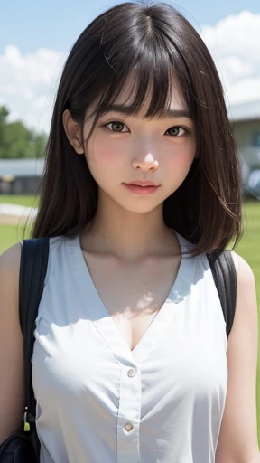  Best Quality, 8k, , Japanese Girls,７age, slender, RAW Photos,  absurd, You are in an award-winning portrait, (Detailed face,  has a smiling face )、{3 | 2} Girl standing in schoolyard, Cumulonimbus clouds in the summer sky, woman&#39,((Summer clothes:1.5))...