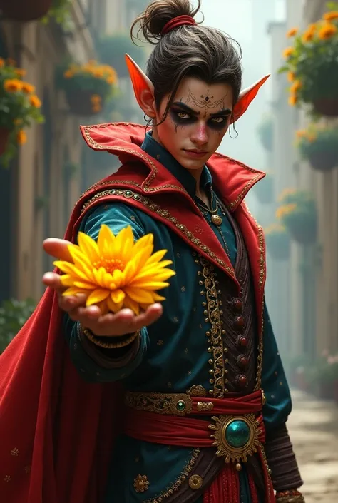  illustration of a handsome young tiefling wizard with reddish skin , slightly crooked horns ,  brown hair tied up and golden eyes , dressed as Catrin from the Mexican Day of the Dead , holding a yellow flower in one hand and extending it to the front in t...