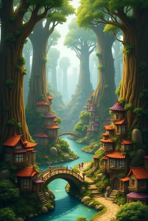  fantasy art 、A town amidst giant trees、Realistic