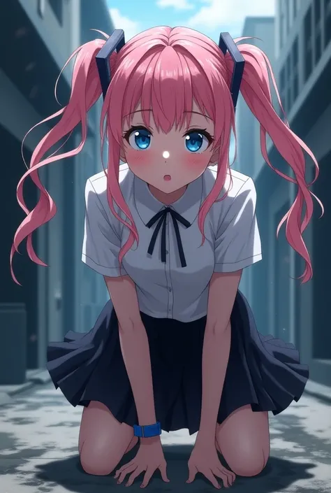 A high school girl in a black skirt is crouching in an anime、 pink haired girl 、blue eyes、Twin Drill、 Movie Scene 