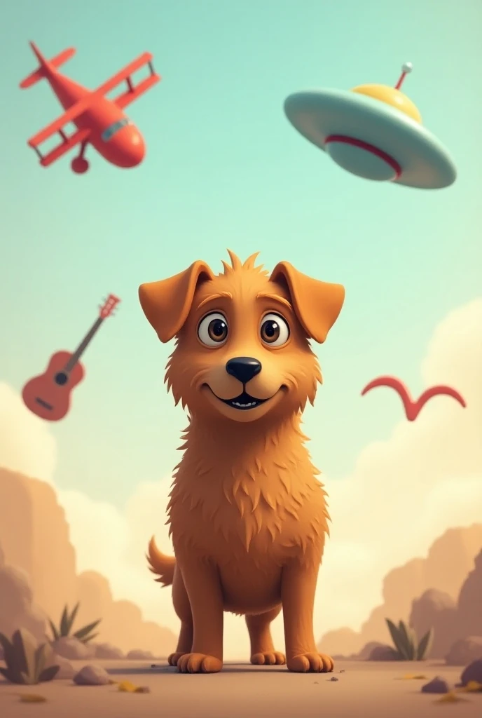  Elaborate this image with the following characteristics :  A brown-colored dog in the center ,  a red plane in a front position on the dogs left side ,  a light blue UFO on the right side of the dog ,  a guitar in the upper right corner and a boomerang in...