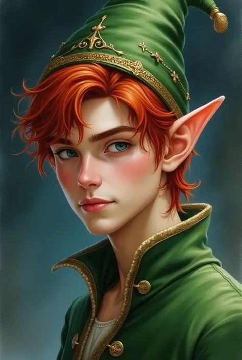 watercolor drawing, handsome young Santas male elf,red hair,green hat,sharp ears,portrait photography, photorealism,art, pixel work,high detail,many details, dynamics,clear drawing of details,aesthetic,dim lighting,contour,surrealism,realistic,high quality...