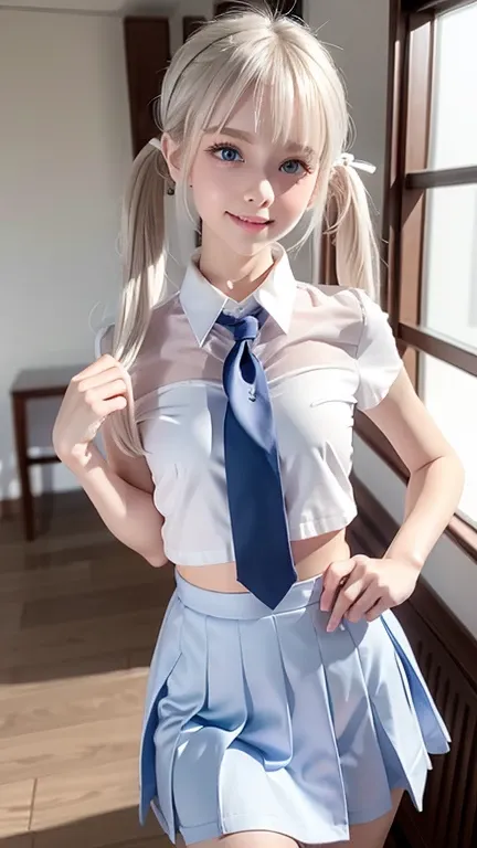 marie rose,
bright and shiny platinum hair,straight long hair,blunt bangs to the eyes,silky pigtails
babyface,detailed brown eye...