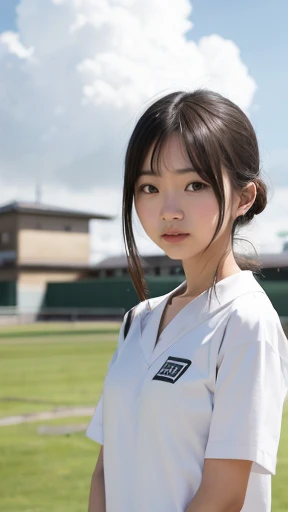  Best Quality, 8k, , Japanese Girls,, slender, RAW Photos,  absurd, You are in an award-winning portrait, (Detailed face,  has a smiling face )、{3 | 2} Girl standing in schoolyard, Cumulonimbus clouds in the summer sky, woman&#39,((Summer clothes:1.5)),  ,...