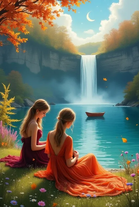 
 Photorealistic shiny Alcohol ink, wet watercolour of two beautiful ladies wearing in summer dresses, sitting on a grassy bank, dipping their toes into a lake, the water in the lake is pouring from a waterfall, surrounded by beautiful flowers and ferns of...