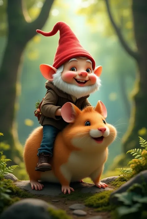 A charming little forest dwarf wearing a red hat riding a hamster